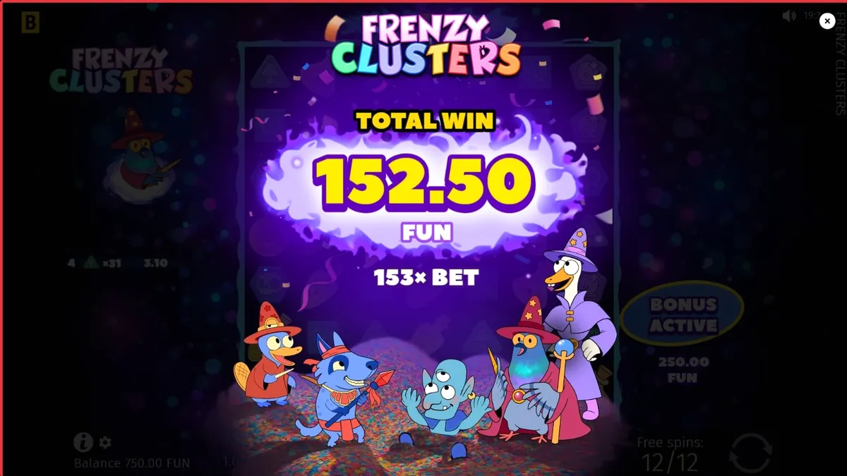 Interface colorida do slot Frenzy Clusters com símbolos de poções mágicas.